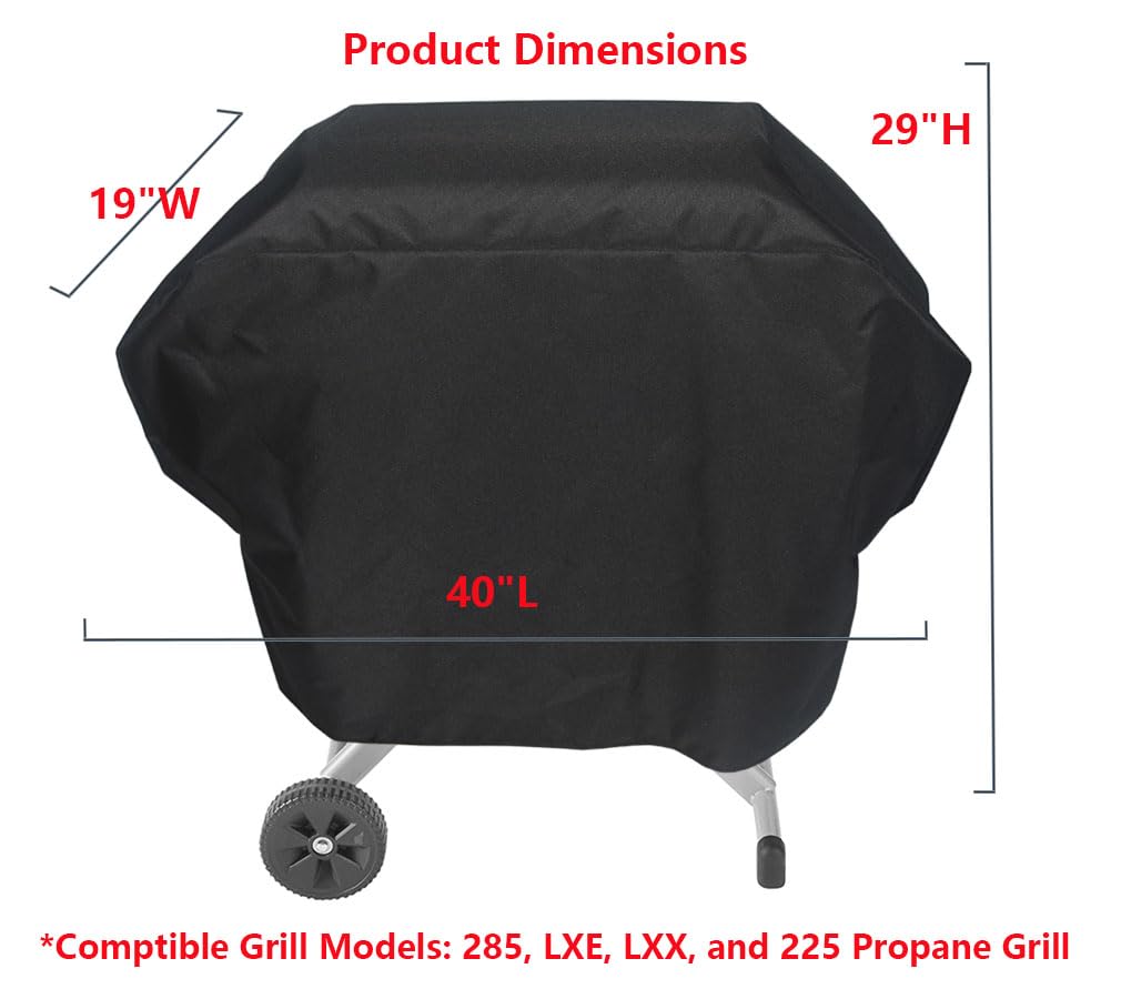 Mini Lustrous grill cover Coleman LXE side view highlights secure velcro for windy days.
