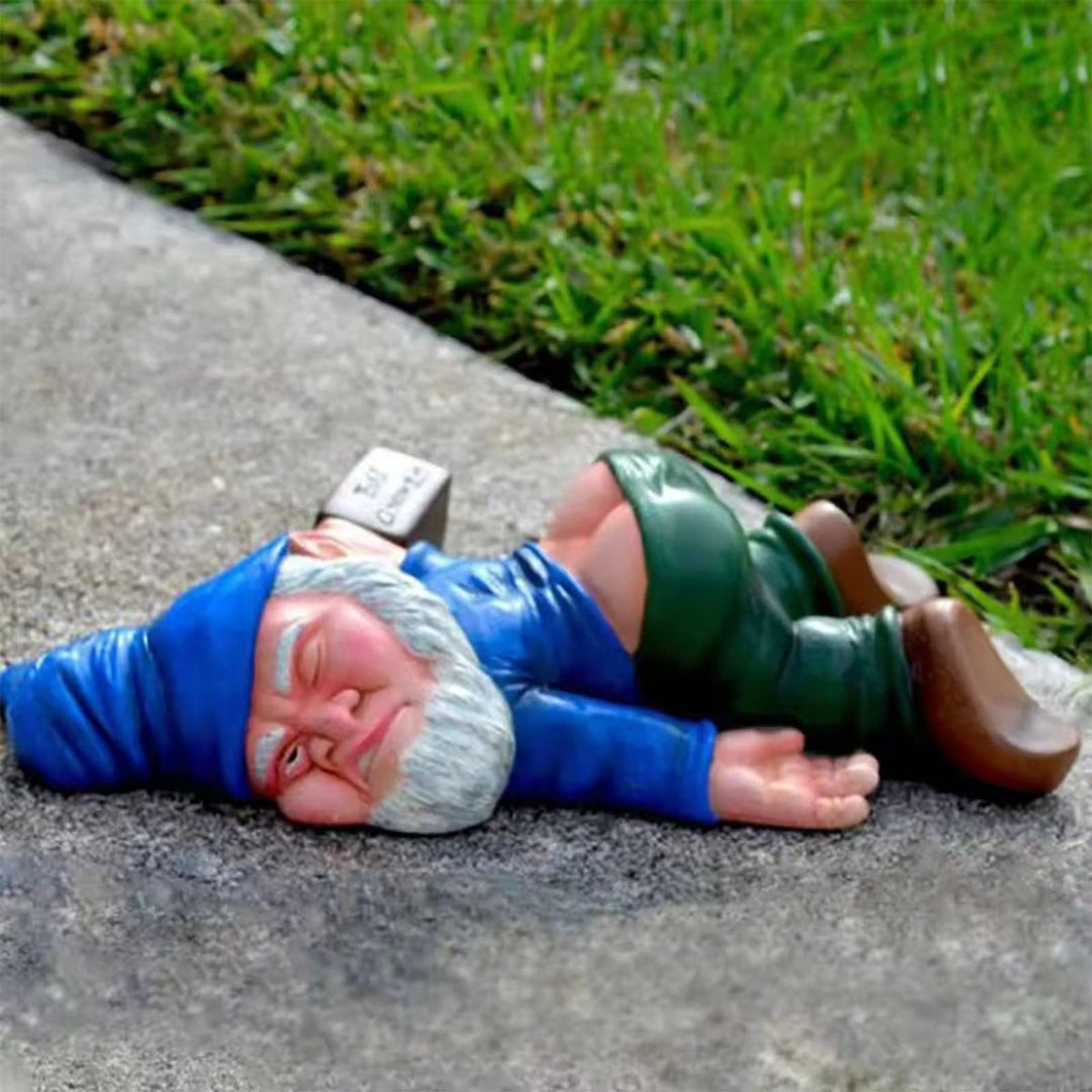 MINICAR funny drunk gnome with wine bottle, ideal for outdoor garden humor.