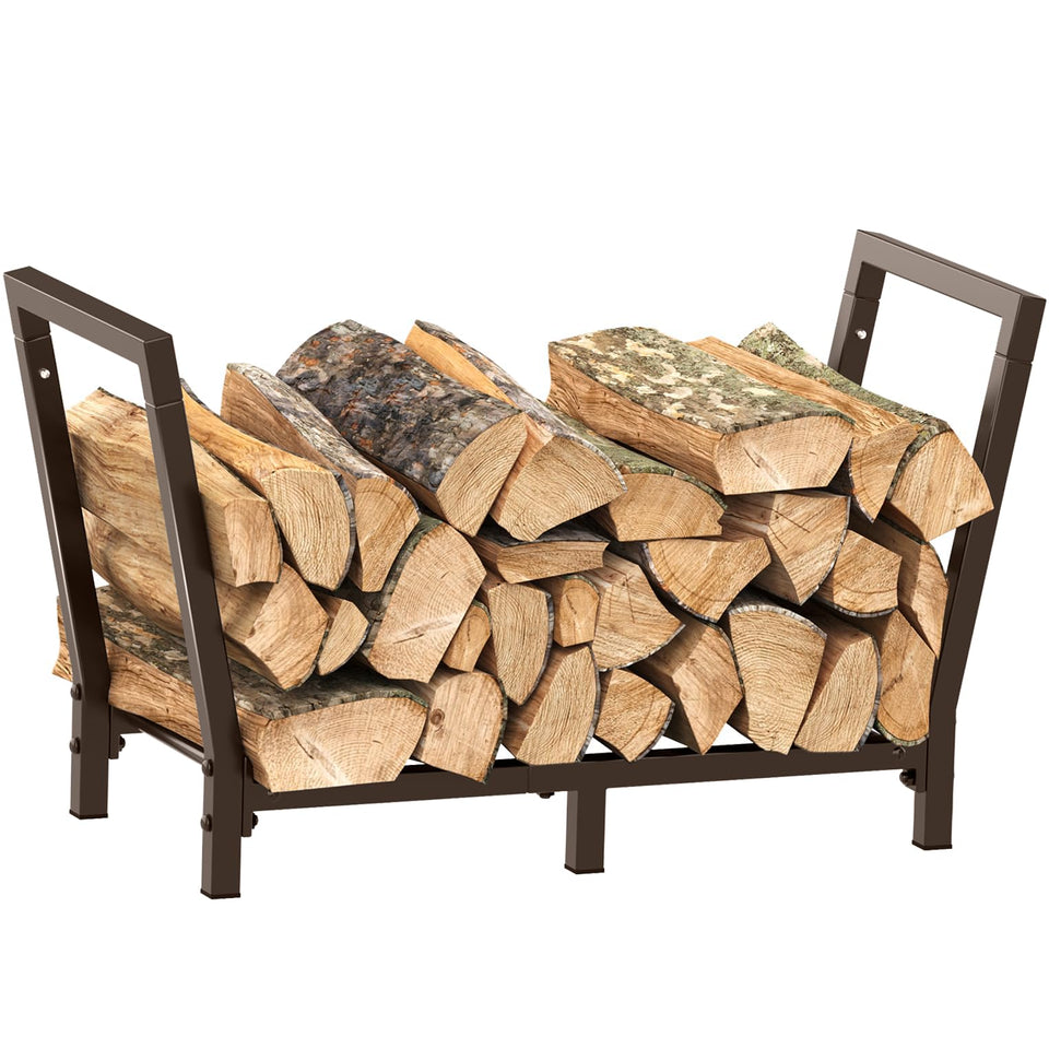 Minicloss 34-inch bronze firewood rack outdoors keeps logs neatly stacked for dry, ready-to-use wood.