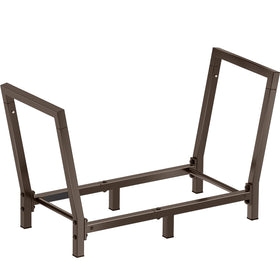 Minicloss bronze rack neatly organizes firewood beside a patio or hearth.