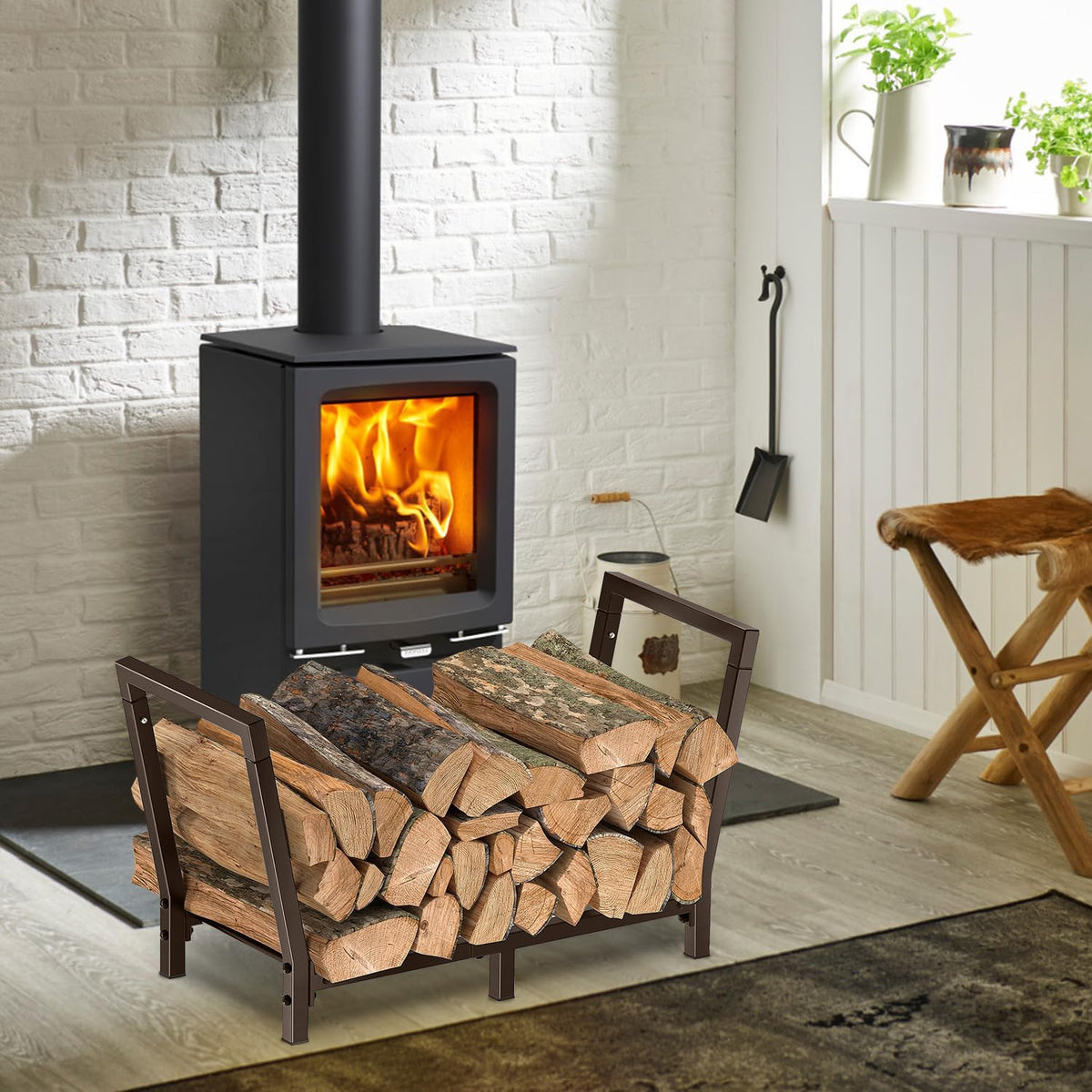 Minicloss firewood rack keeps wood off the ground to reduce moisture.