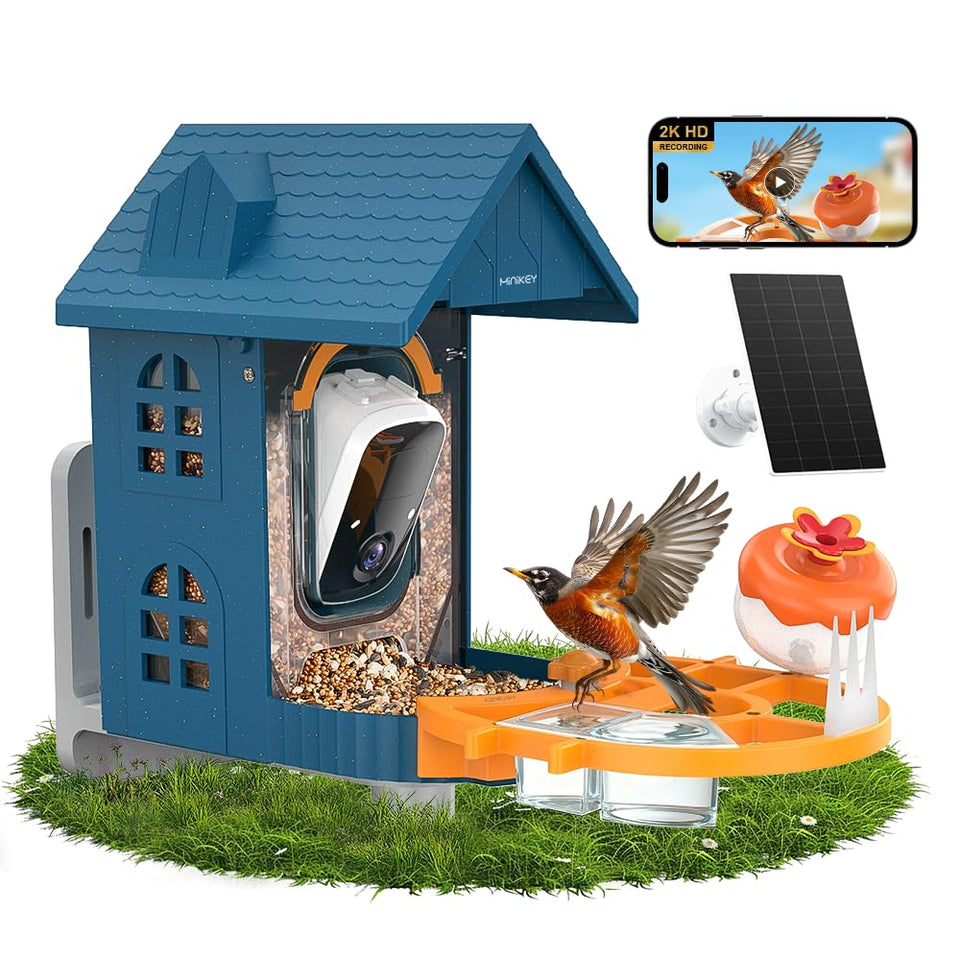 Minikey smart bird feeder camera showing clear 2K video for birdwatching