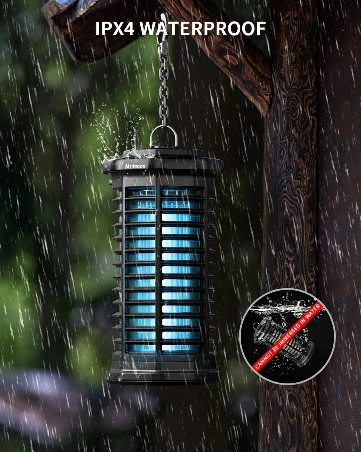 Minimoon Bug Zapper dusk outdoor use demonstrating pest control effectiveness