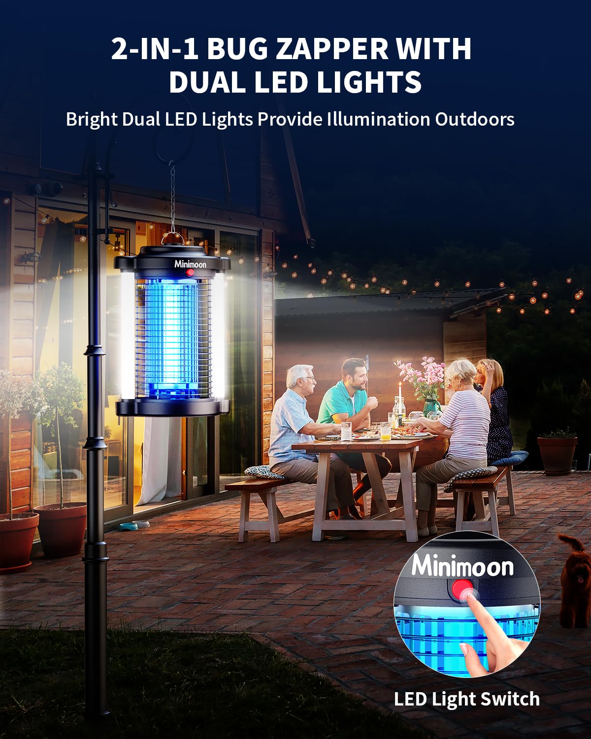 Minimoon Bug Zapper dual LEDs illuminate the area and lure mosquitoes into the grid