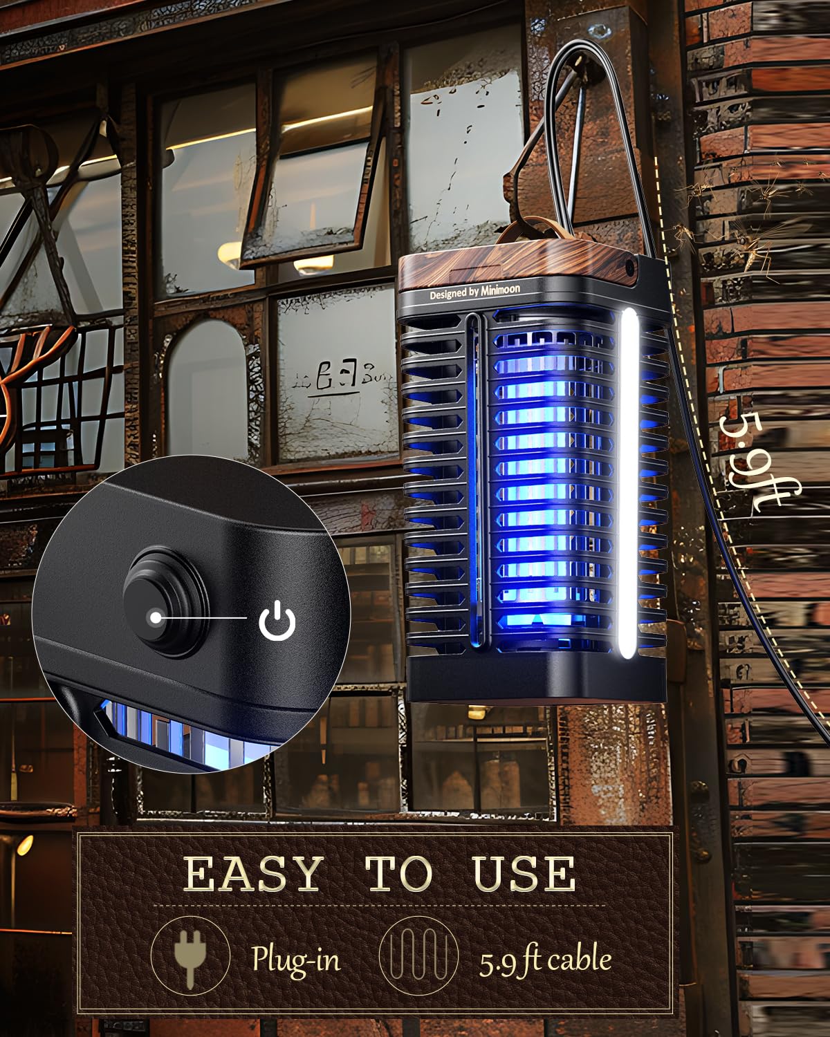Minimoon Bug Zapper hang hook and carry handles for portability.