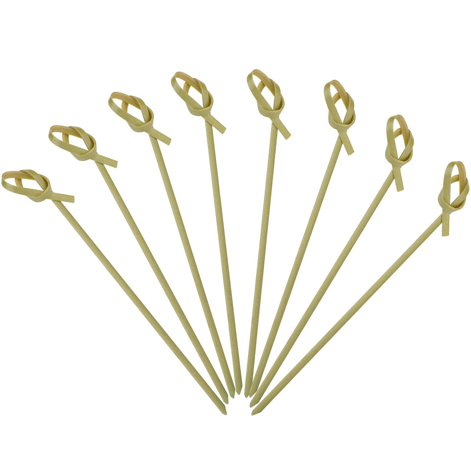 Minisland bamboo knot cocktail picks with decorative knot tops for elegant garnishes.
