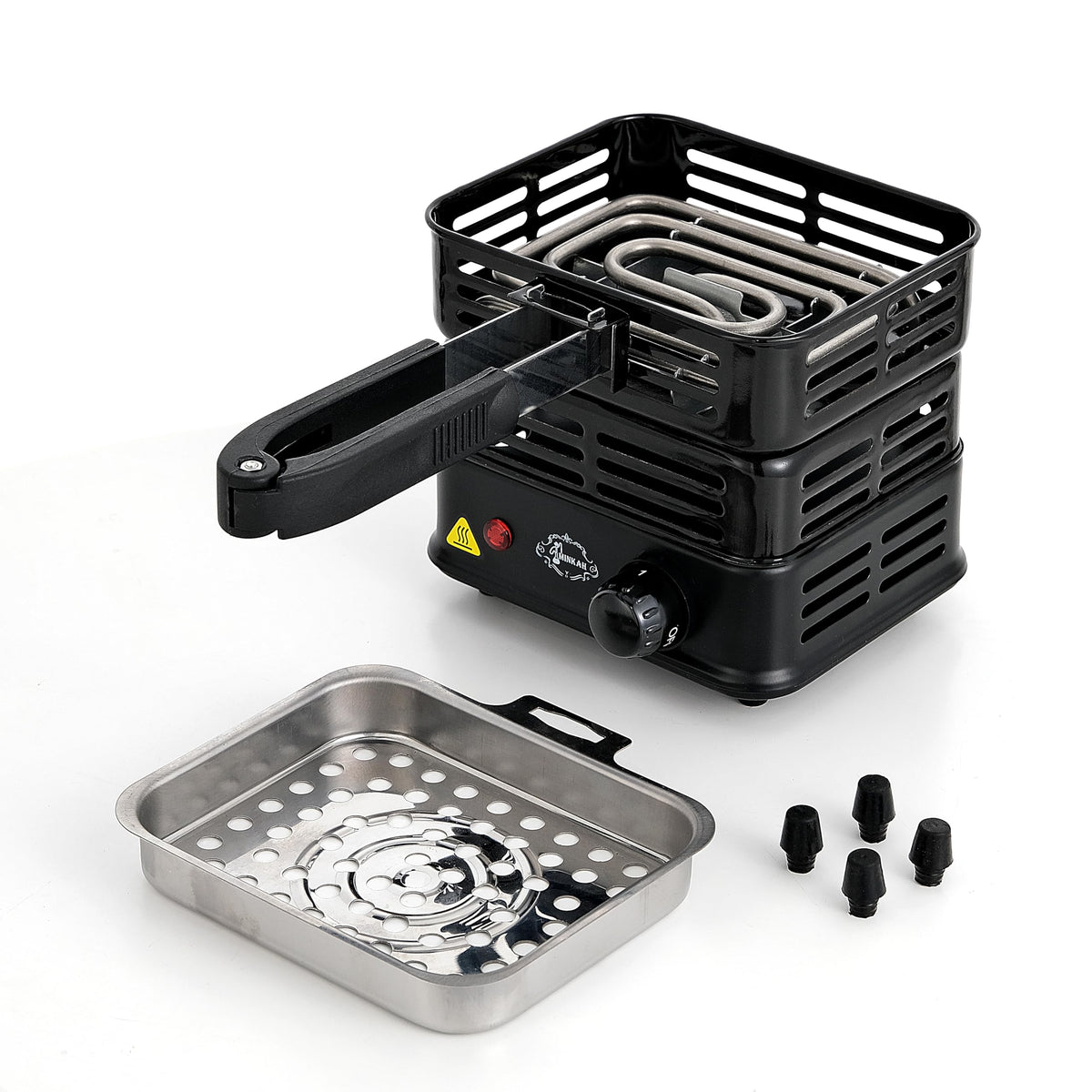 Minkah coal burner includes tongs for safe handling of hot coals.