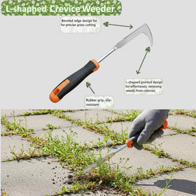 MINOVARA four-tined weeding tool detail shows sturdy design for root removal.