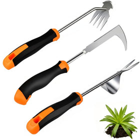 MINOVARA weed puller tool with four tines for efficient weed removal in tough soil.