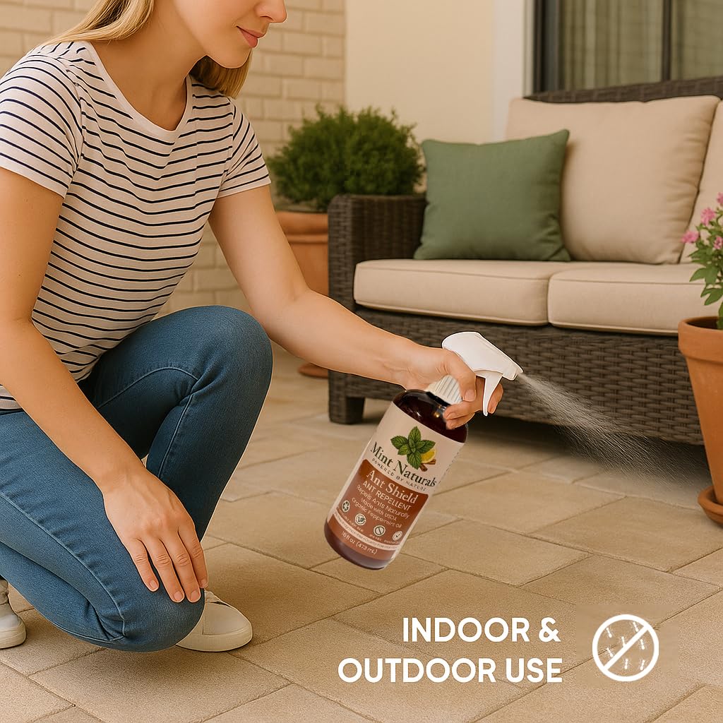 Mint Naturals outdoor ant spray around patio edge creates perimeter barrier