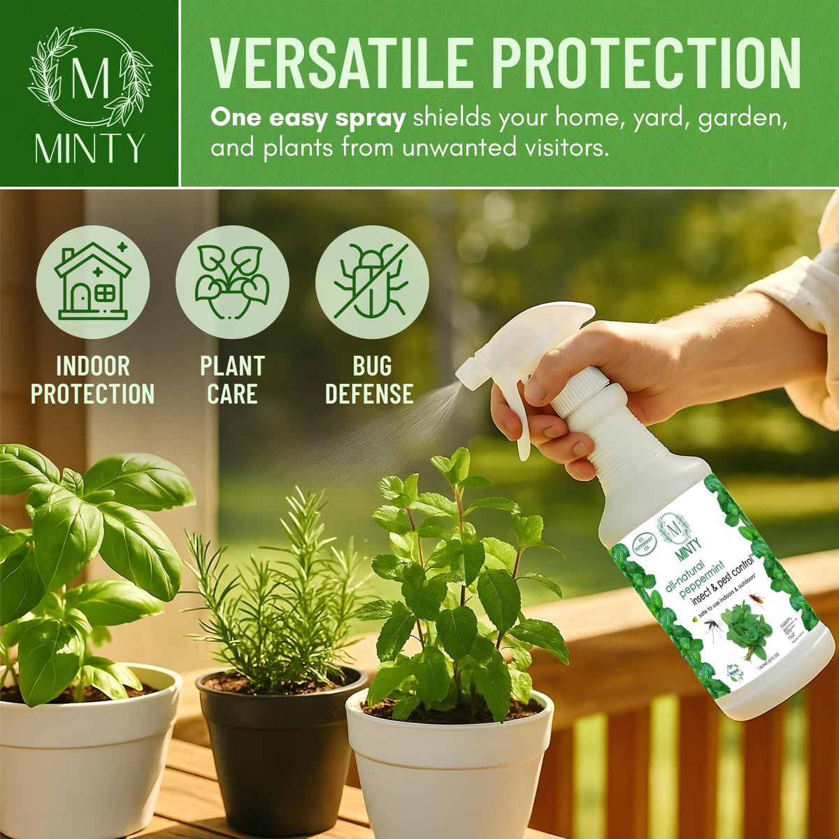 Minty indoor-outdoor pest use garden scene showing versatile coverage.