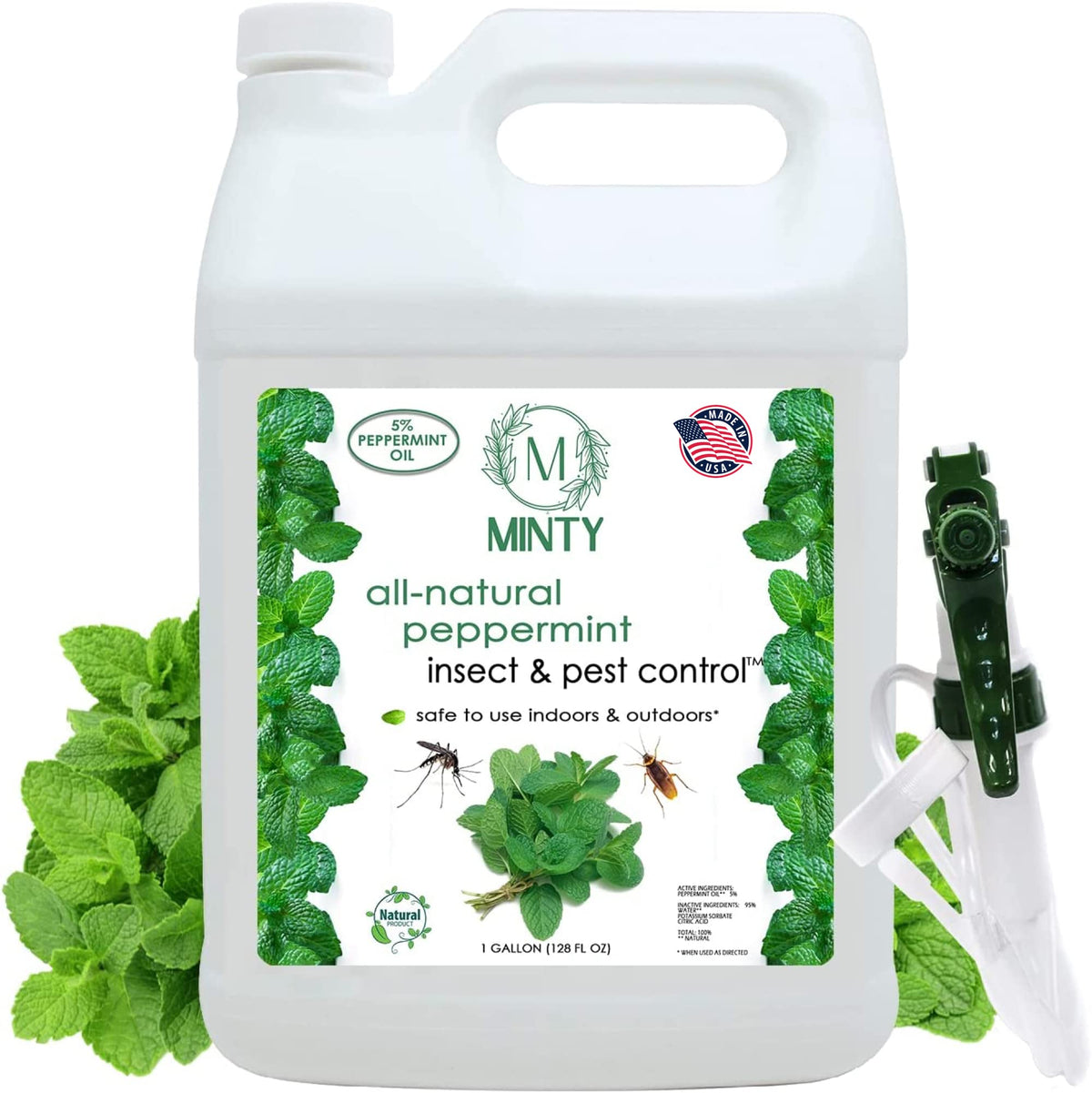 Minty insect pest-control spray bottle with peppermint oil formula for indoor and outdoor deterrence.