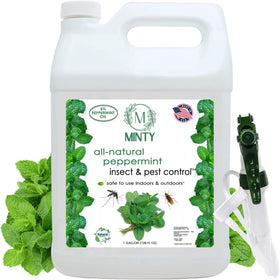 Minty insect pest-control spray bottle with peppermint oil formula for indoor and outdoor deterrence.