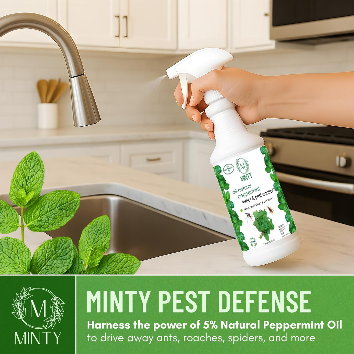 Minty peppermint oil pest-deterrent application for garden and patio protection.