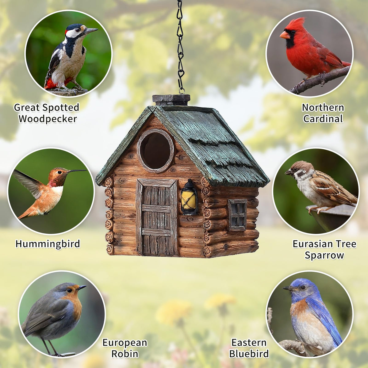 MINWOLF bird house front view shows a 1.5-inch entrance for small birds
