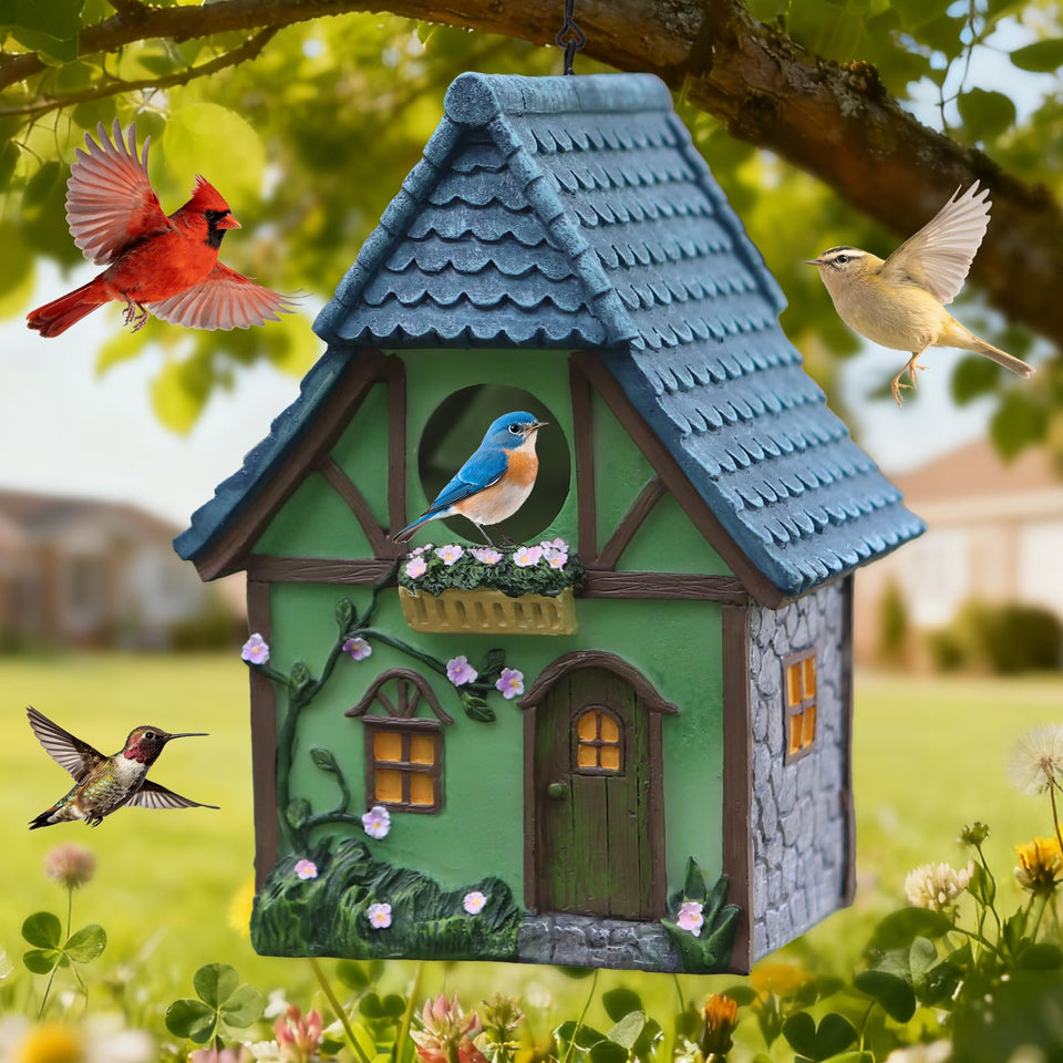 MINWOLF outdoor green resin bird house with flower and stone details for garden charm.