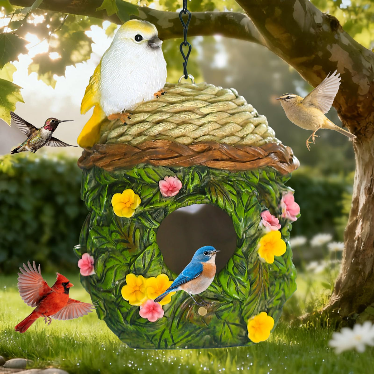 MINWOLF resin bird house with flower and leaf details enhances outdoor garden charm.