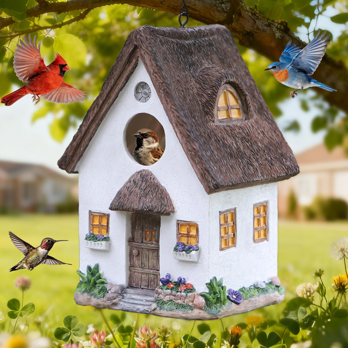 MINWOLF bird house with thatched roof adds rustic charm and outdoor resilience.