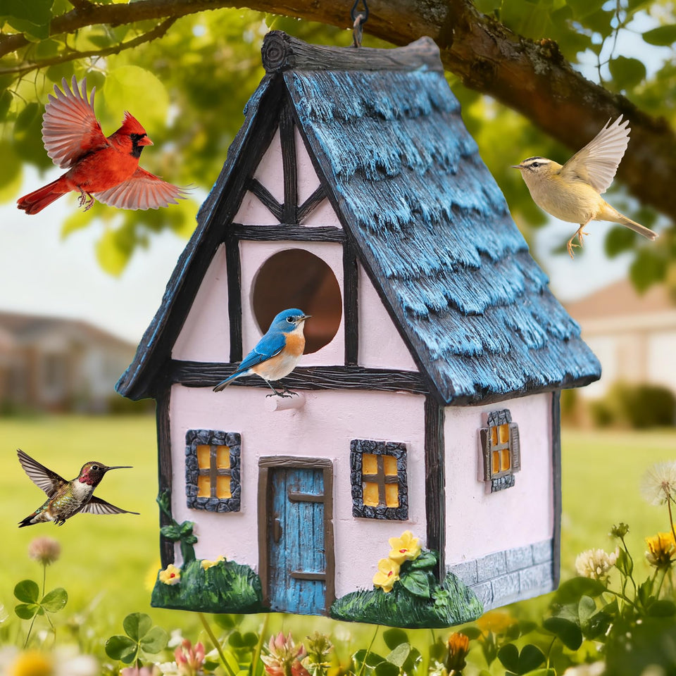 MINWOLF Pink Cottage Bird House front view enhances garden appeal