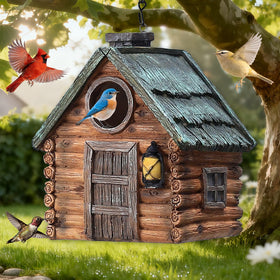 MINWOLF real wood-look resin bird house with hanging chain for outdoor nesting