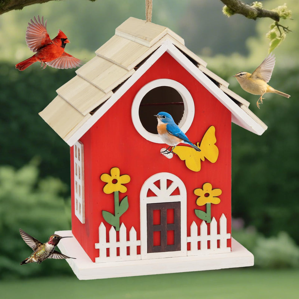 MINWOLF wooden bird house with outdoor rope for easy garden hanging and shelter