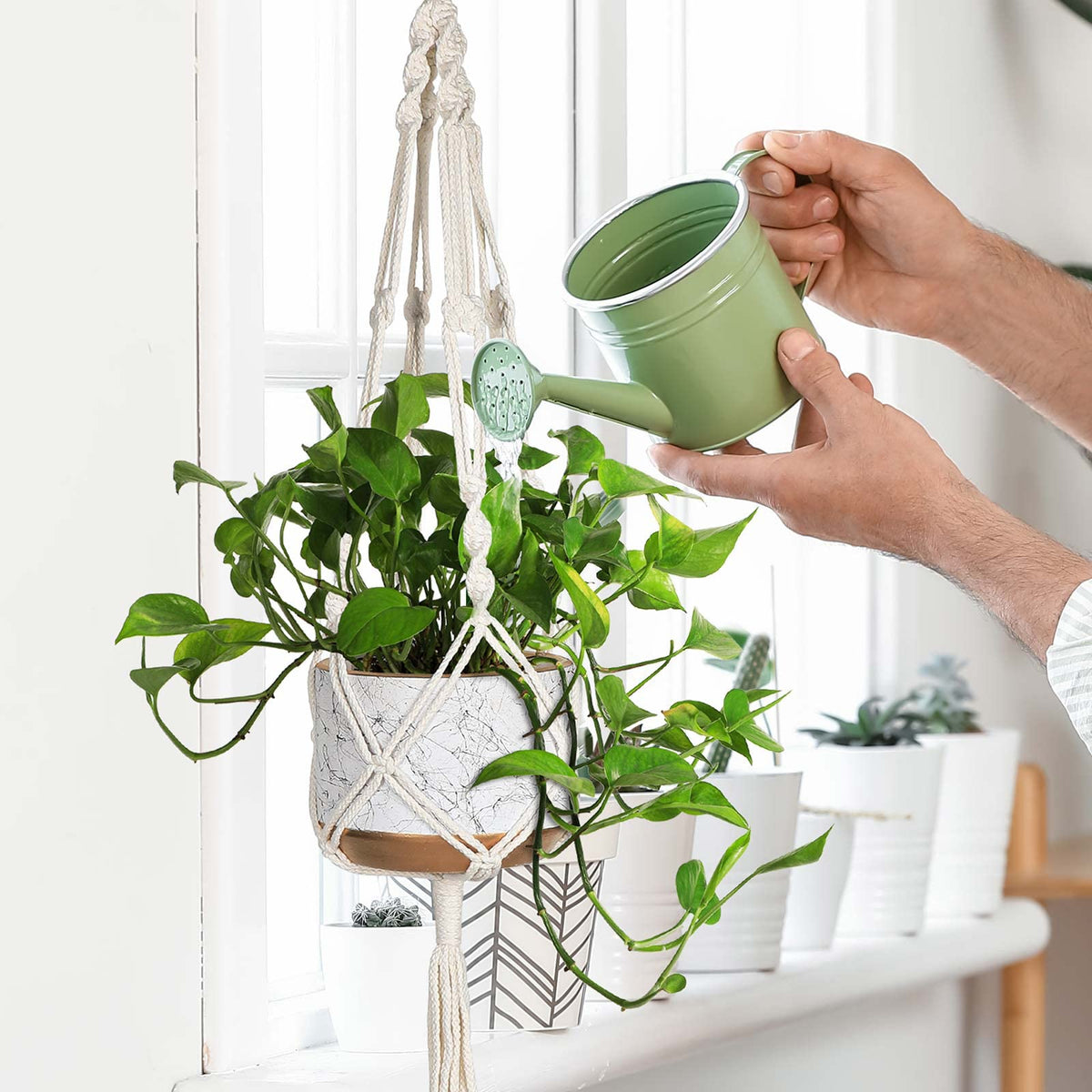 MIPON macrame plant hanger ivory 46-inch length suited for tall ceilings and larger pots.