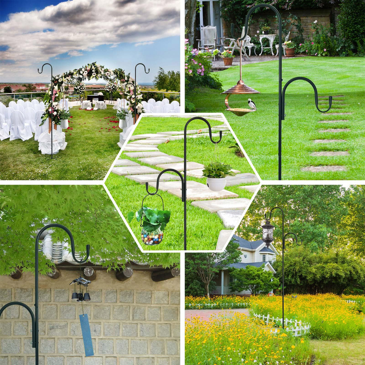 MIPON outdoor hook holds bird feeders, plants, and lights with balance.