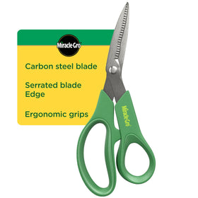 Miracle-Gro 8in all-purpose shear close-up shows serrated blade for tough stems.