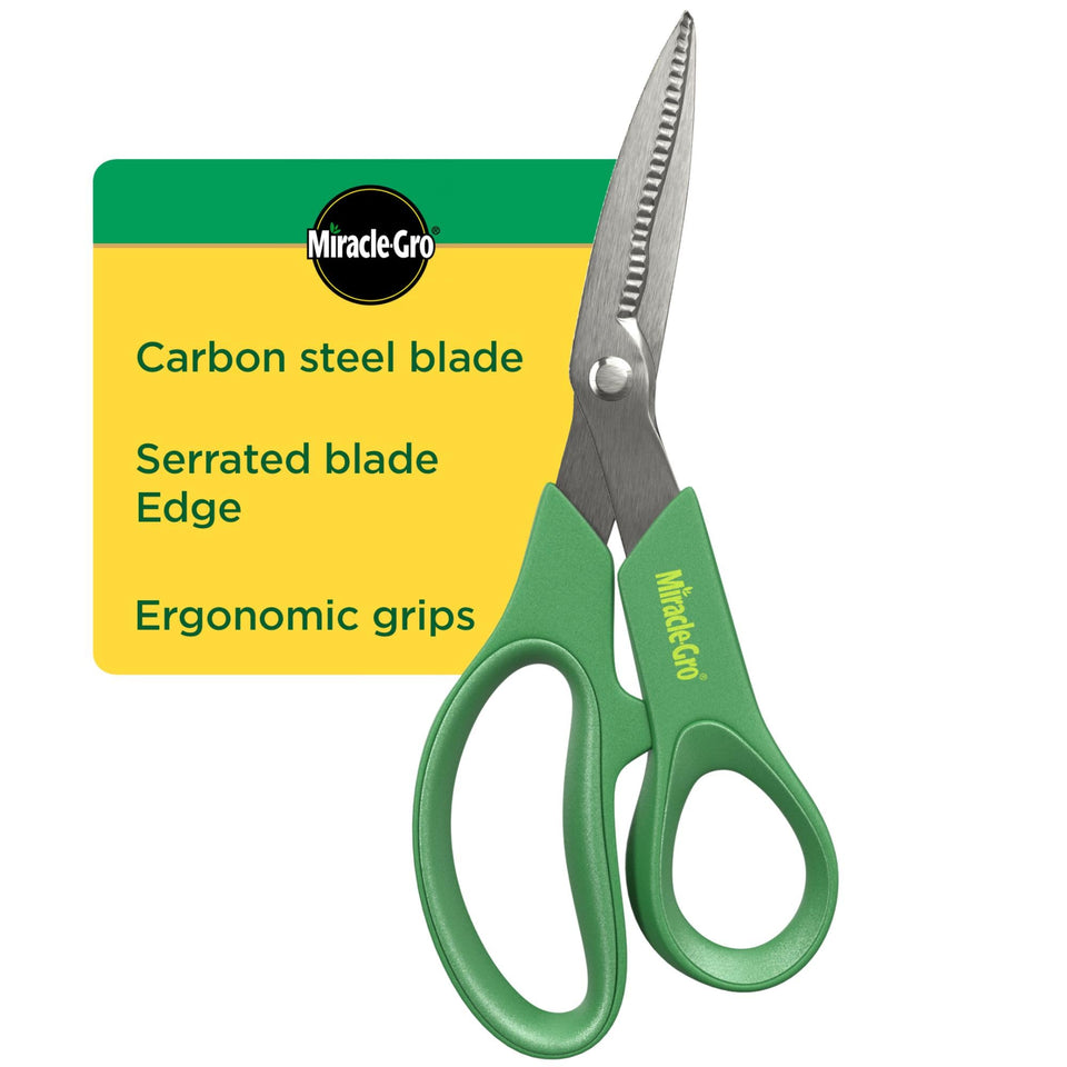 Miracle-Gro 8in all-purpose shear close-up shows serrated blade for tough stems.