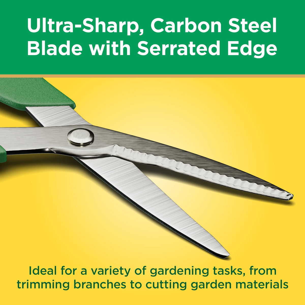 Miracle-Gro 8in all-purpose shear ergonomic grip in hand for comfortable pruning.