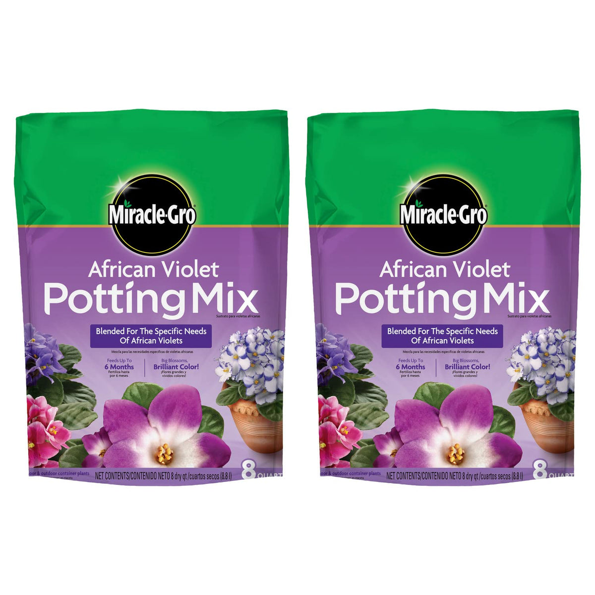 Miracle-Gro African Violet Potting Mix 2-pack front label for easy choice and ready care
