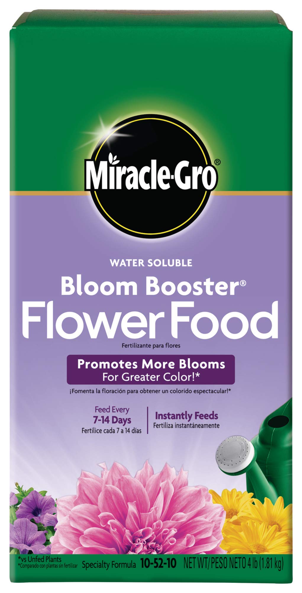 Miracle-Gro Bloom Booster pour shows quick-dissolve action for brighter container blooms.