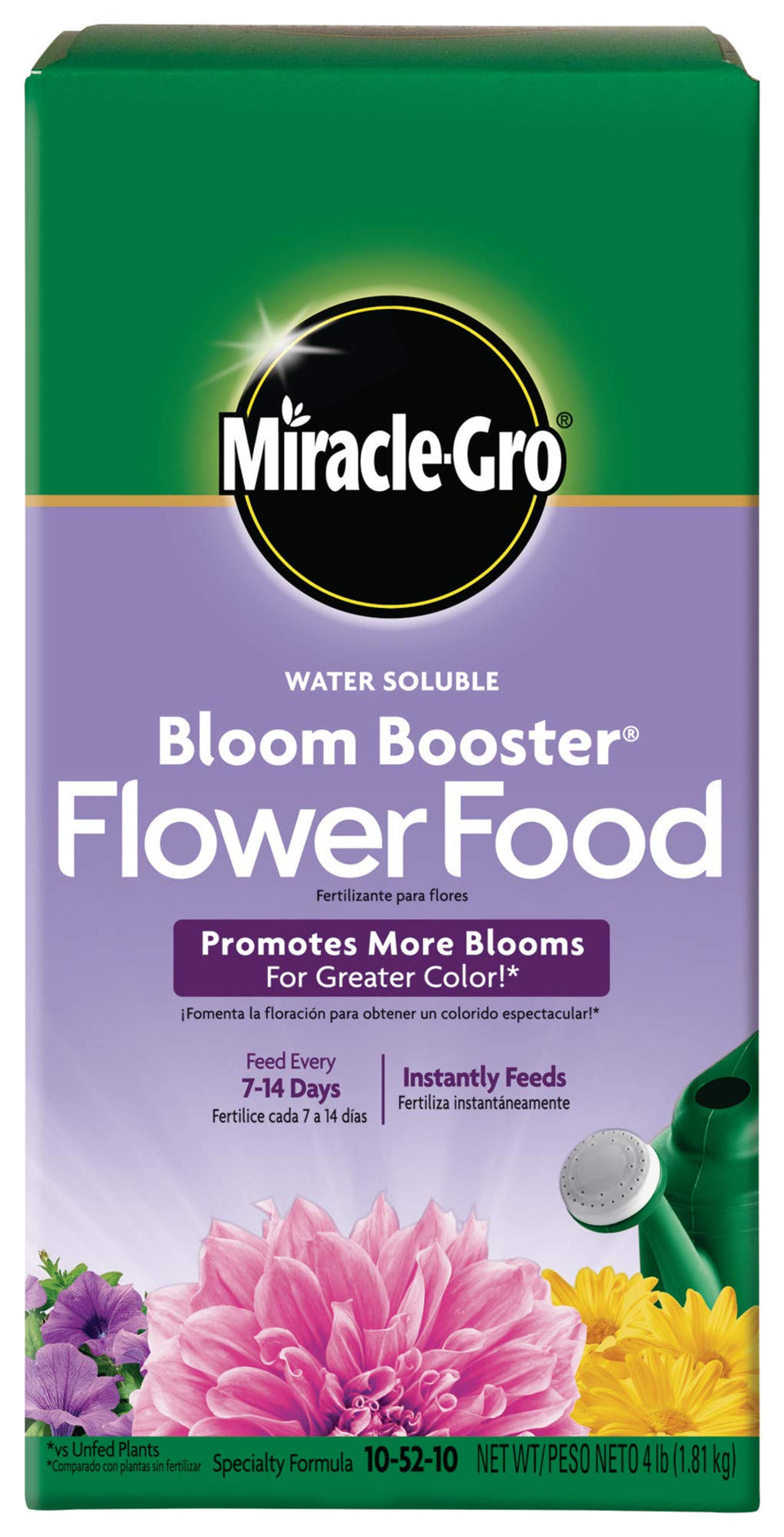 Miracle-Gro Bloom Booster pour shows quick-dissolve action for brighter container blooms.