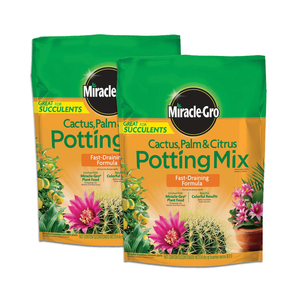 Miracle-Gro Cactus, Palm & Citrus Potting Mix bag label close-up highlighting reliable drainage for containers.