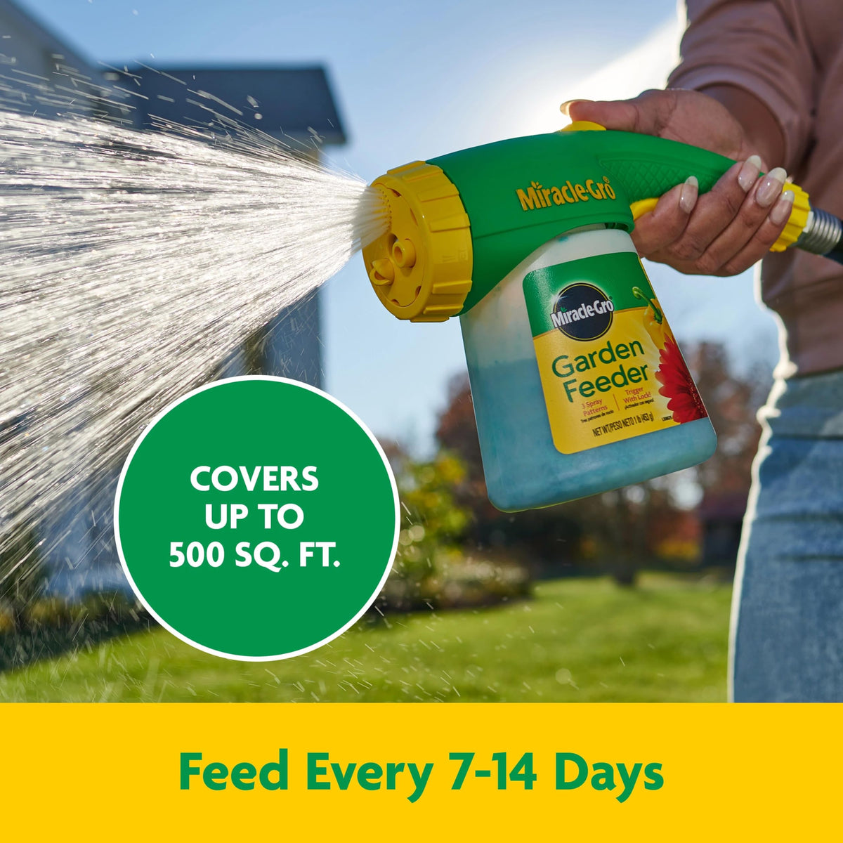 Garden scene illustrating coverage up to 500 sq ft with fertilizer feed.