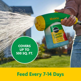 Garden scene illustrating coverage up to 500 sq ft with fertilizer feed.