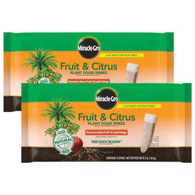 Miracle-Gro Fruit & Citrus Spikes box front shows easy orchard feeding