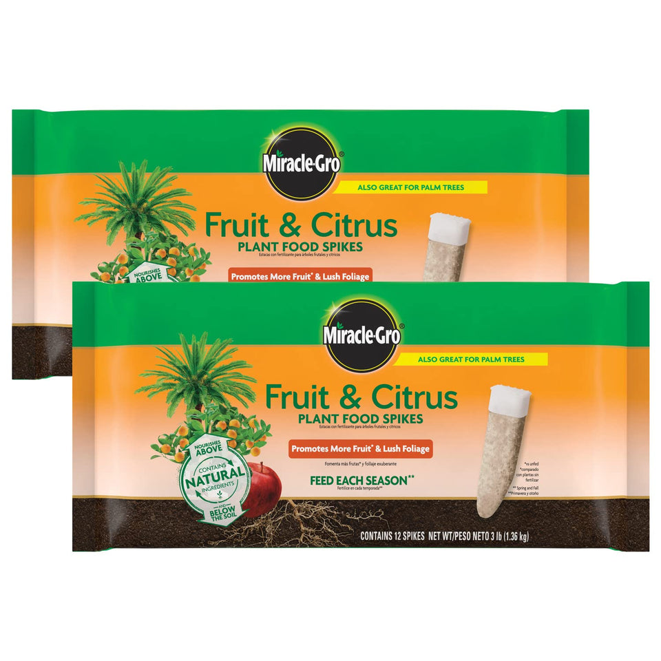 Miracle-Gro Fruit & Citrus Spikes box front shows easy orchard feeding