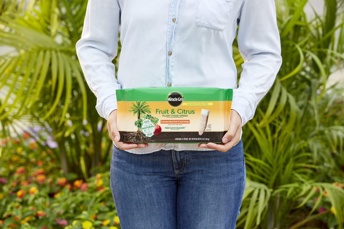 Miracle-Gro Fruit & Citrus Spikes packaging side highlights two-pack convenience