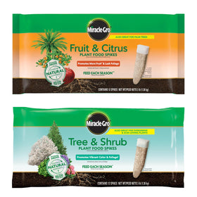 Miracle-Gro Fruit and Citrus Spikes packaging visuals for convenient tree feeding.