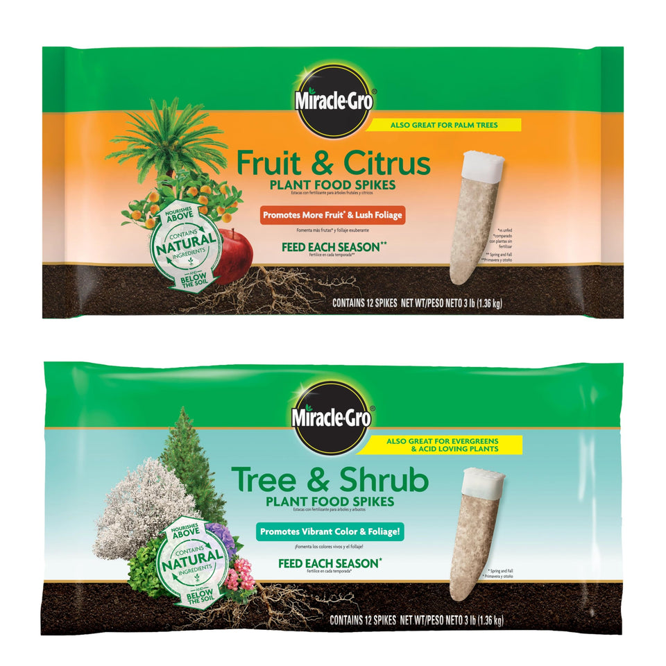 Miracle-Gro Fruit and Citrus Spikes packaging visuals for convenient tree feeding.