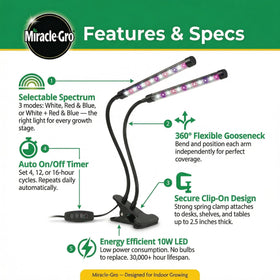 Miracle-Gro two-head grow light with adjustable arms illuminates two plants precisely.