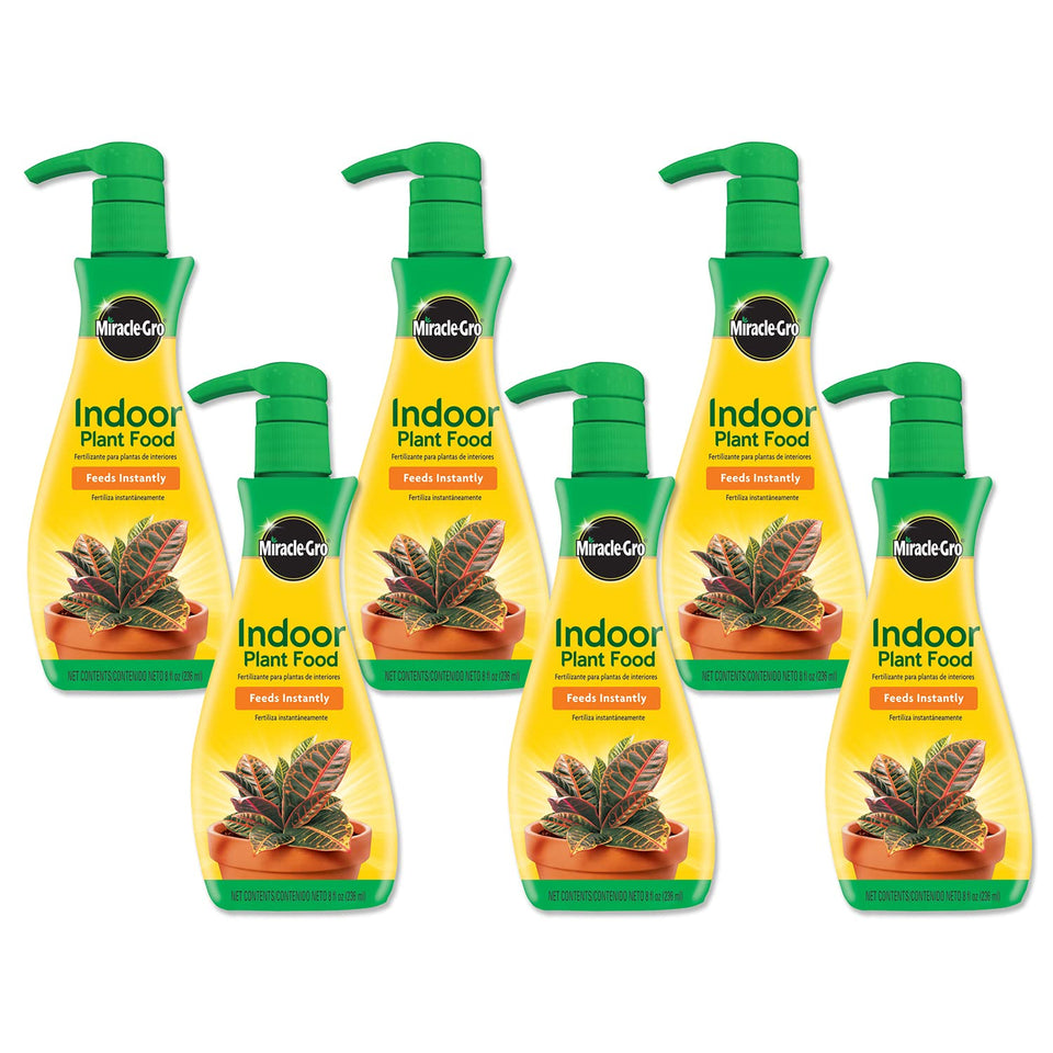 Miracle-Gro Indoor Plant Food bottle shows 8 oz size for easy weekly feeding.
