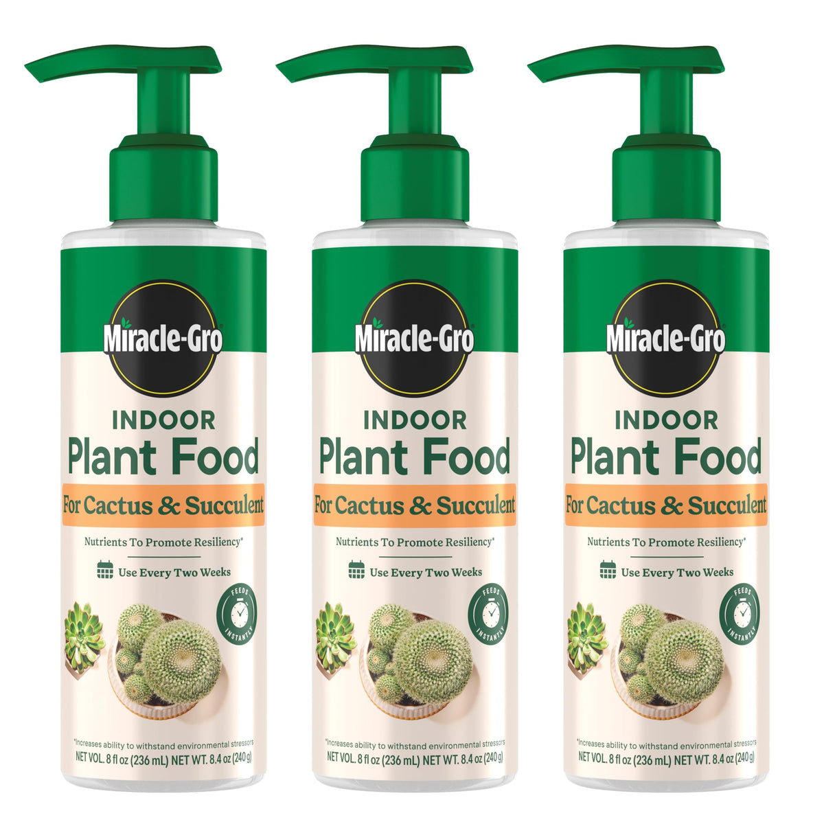 Miracle-Gro Indoor Plant Food bottle for cactus and succulent boosts resiliency.