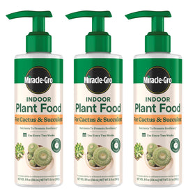 Miracle-Gro Indoor Plant Food bottle for cactus and succulent boosts resiliency.