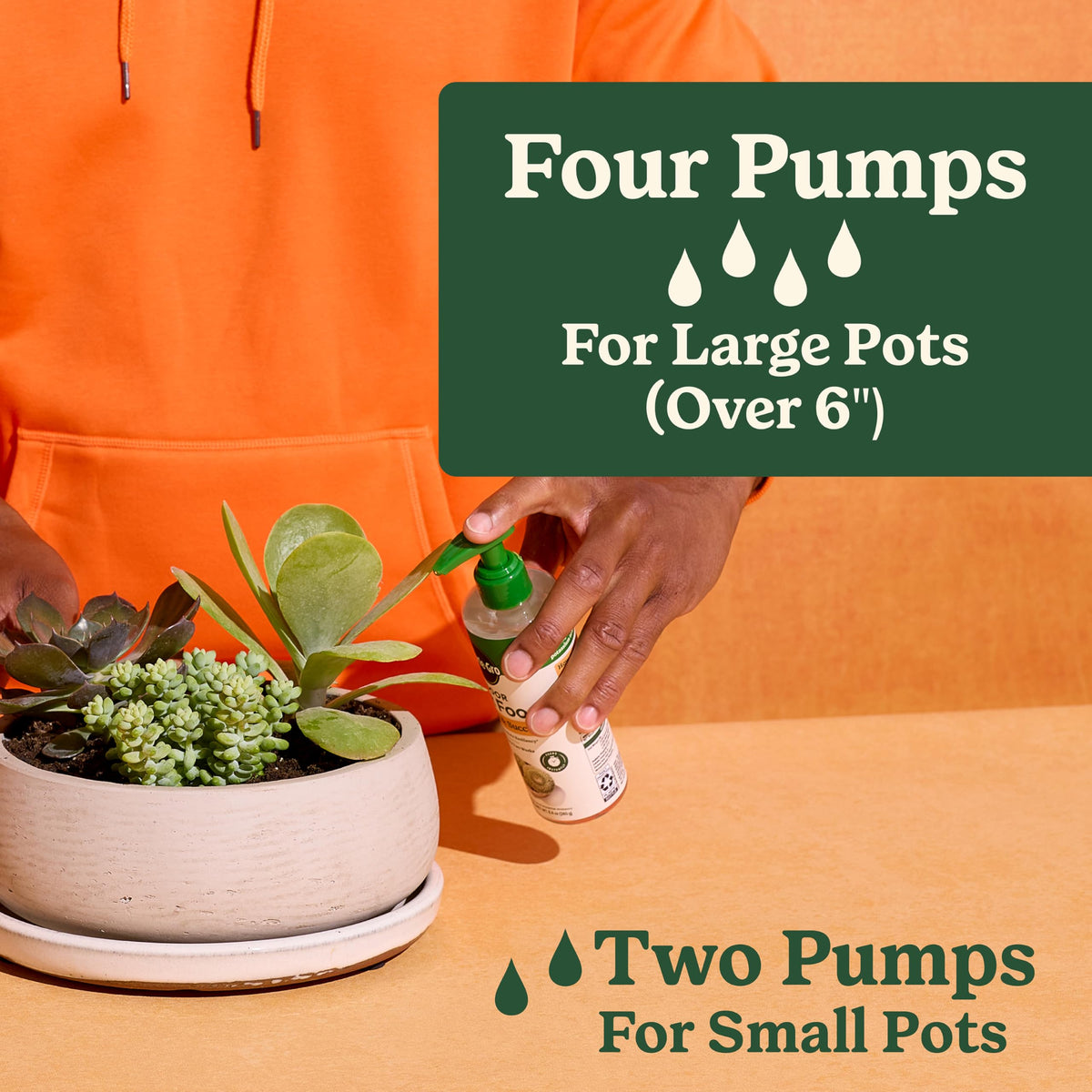 Miracle-Gro Indoor Plant Food dosing guide illustrating 8 pumps per quart.