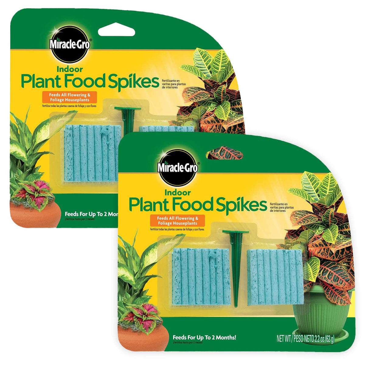 Miracle-Gro Indoor Plant Food Spikes pack shown for continuous feeding of houseplants.