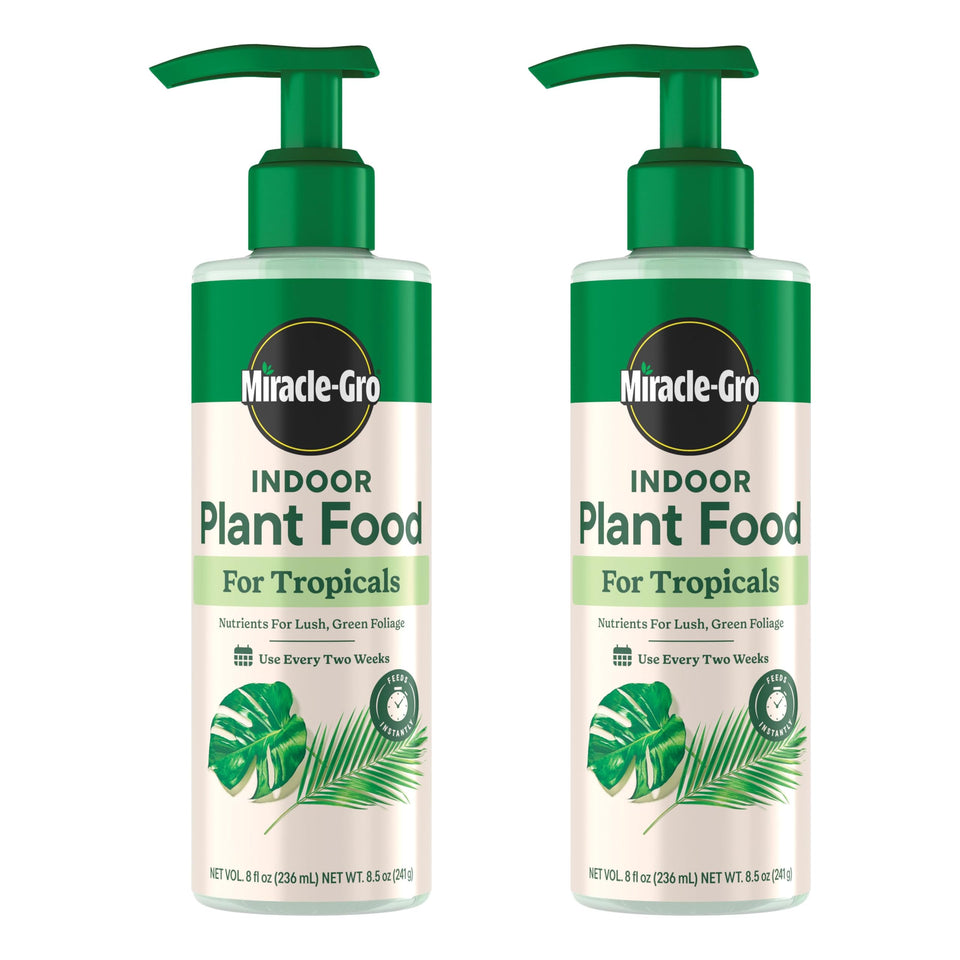 Miracle-Gro Indoor Plant Food for Tropicals bottle ready for instant feeding of tropical houseplants.