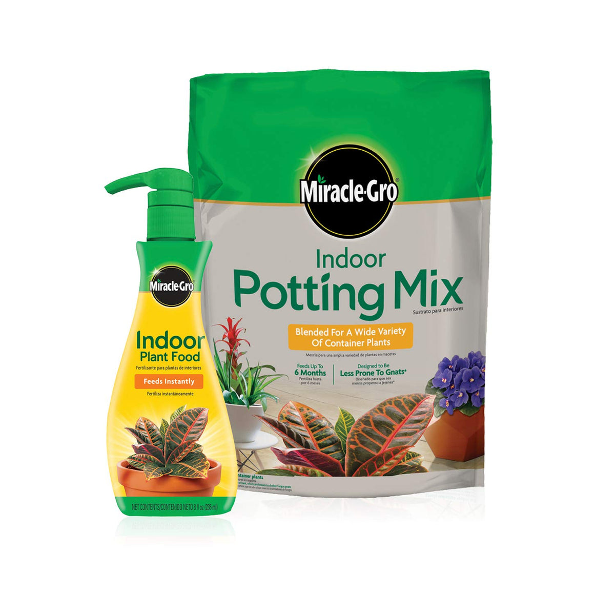 Miracle-Gro Indoor Potting Mix bag shows soil texture for diverse container plants.