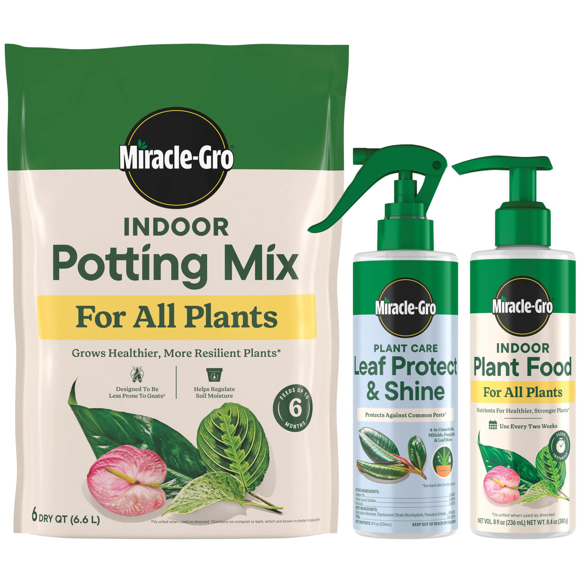 Miracle-Gro Indoor Potting Mix 6 qt bag promotes healthy indoor plant growth.